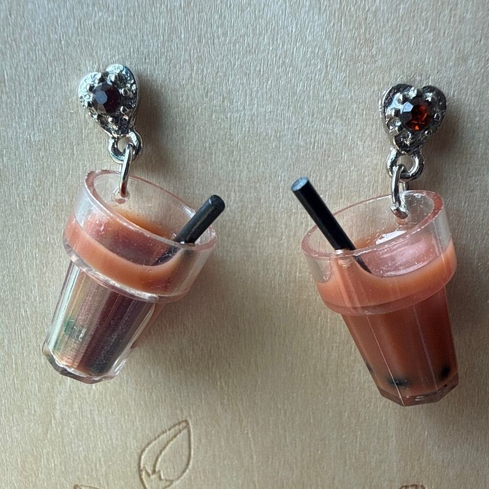 Boba Milk Tea Dangle Earrings Brown Sugar Bubble Tea Rhinestone Heart Studs